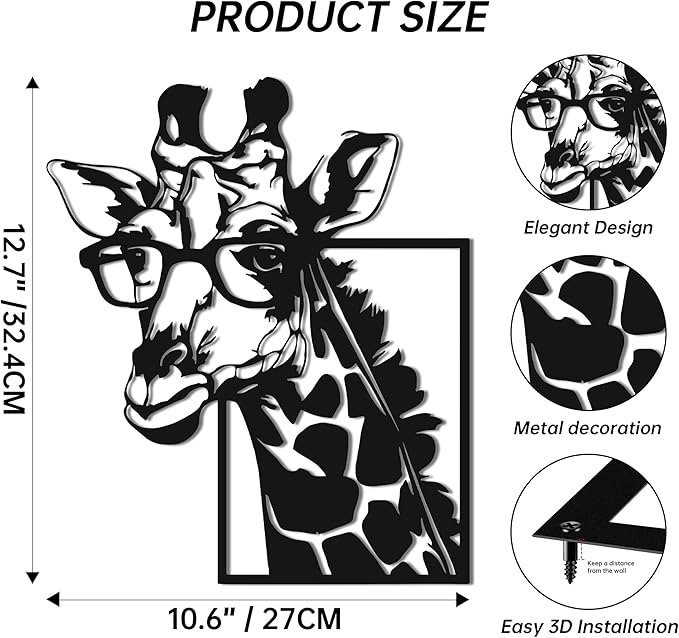 JEWLOVE Giraffe Wall Art Decor with Glasses - Animal Head Wall Decor, Whimsical Metal Giraffe Head for Living Room, Bedroom, Kids Room, 10.6x12.8 Inch