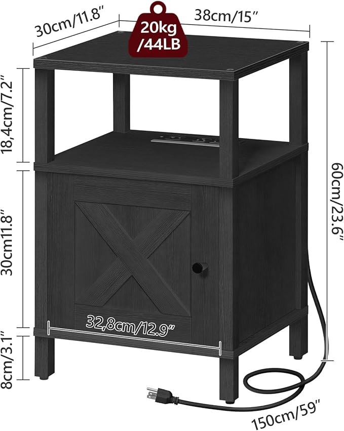 Farmhouse Nightstand with Charging Station, Black Bedside Table with USB&Type-C Ports and Outlets, End Table with Storage, Night Stand for Bedroom, Black ETBK96E01