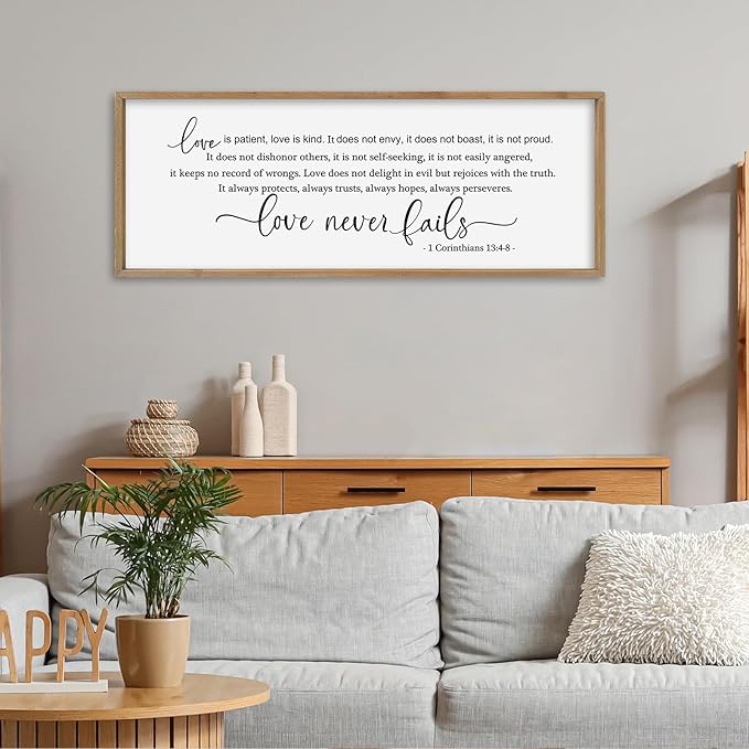 SRSZHIYUE Bible Verse Wall Art Love is Patient Kind Sign 32"×12" 1 Corinthians 13 4-8 Christian Inspirational Faith Wood Framed Living Room Office Large Plaque Wall Hanging (Wood)