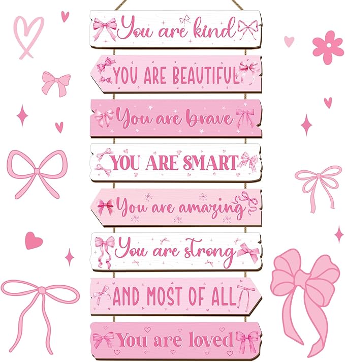 Qunclay Inspirational Girl Room Decor Aesthetic Art Wall Hanging Sign Inspiring Colorful Rainbow Wooden Decoration for Kids Toddler Boy Baby Bedroom Nursery Dorm Decor, 6-12 Years (Pink Bow)
