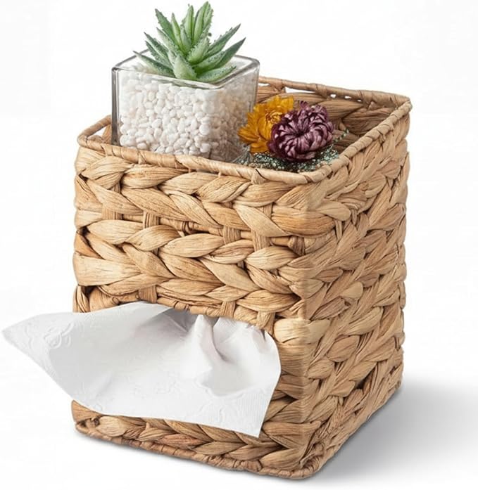 Water Hyacinth Tissue Box Cover with Storage Tray, Rattan Wicker Box Holder Boho Handwoven Napkin Organizer for Desktop, Nightstand and Bathroom, Natural Modern Home Decor
