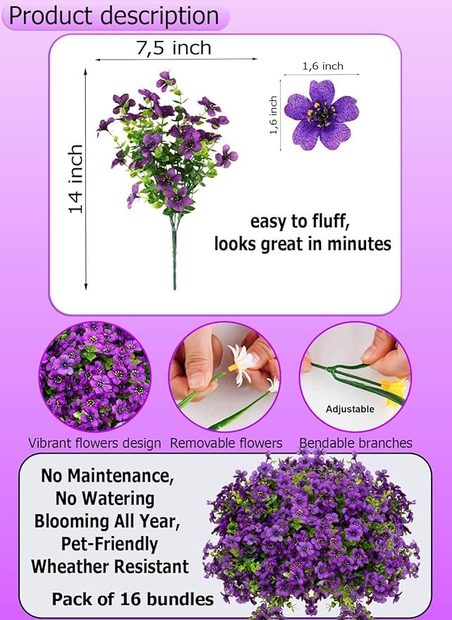 Artificial Flowers for Outdoors Fake Plants - 16 Bundles Fake Plants UV Resistant No Fade Faux Plastic Greenery Home Garden Porch Patio Decoration Office Indoor (Purple)