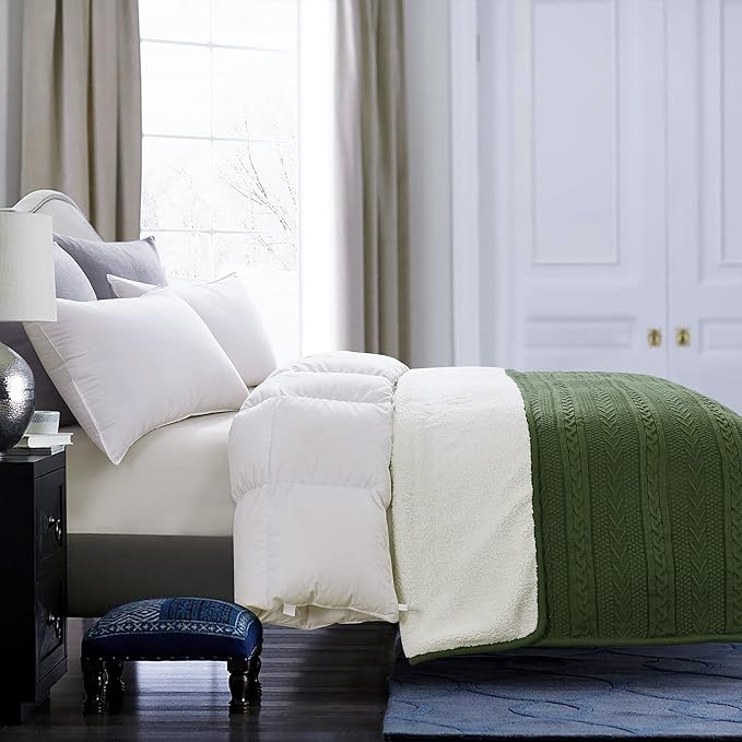 Longhui bedding Olive Green Acrylic Cable Knit Sherpa Throw Blanket - Thick, Soft, Big, Cozy Knitted Fleece Blankets for Couch, Sofa, Bed - Large 60 x 80 Inches Coverlet All Season