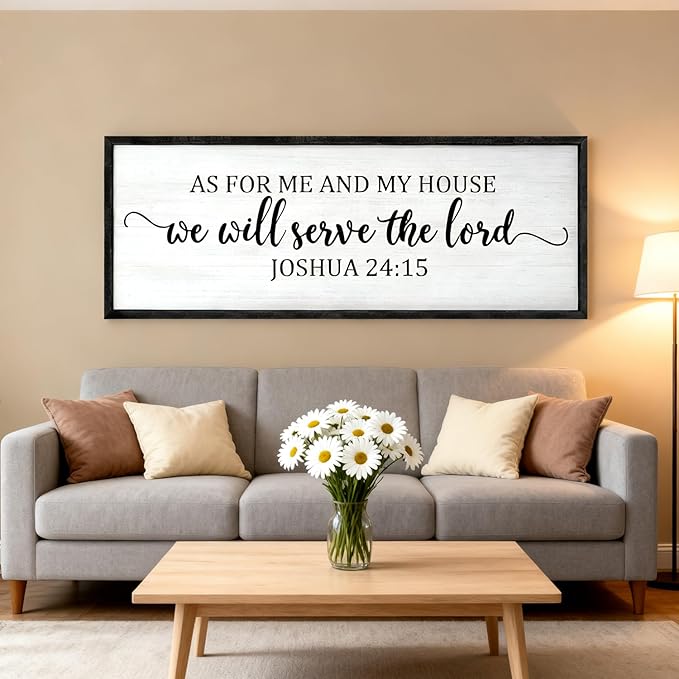 As For Me And My House We Will Serve The Lord Framed Wall Art, 40''×15'' Vintage Positive Religious Rustic Bible Verse for Christian God Jesus Christ Prayer, Horizontal Holy Catholic Scripture Decor