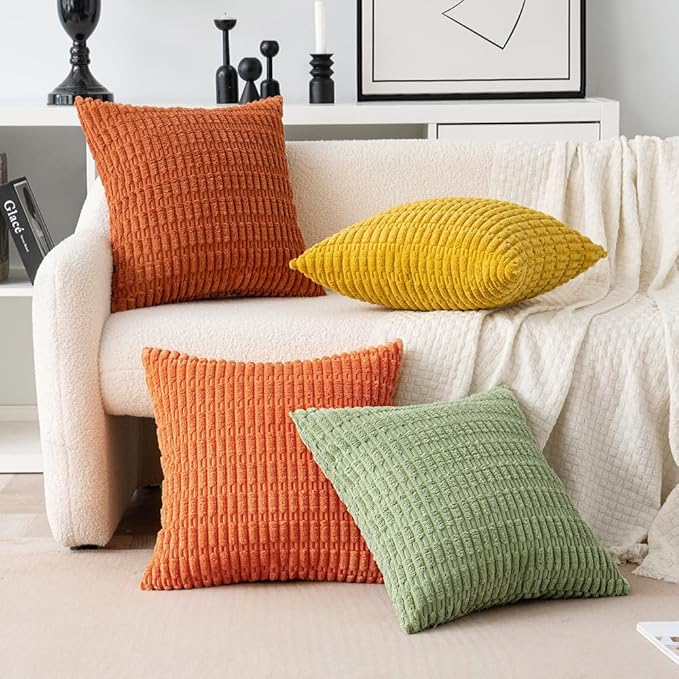 MIULEE Pack of 4 Spring Summer Western Boho Corduroy Decorative Throw Pillow Covers 18x18 Inch Modern Accent Soft Striped Pillow Covers Home Decor for Sofa Living Room Couch Bed Orange Green