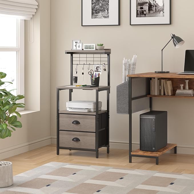 Tall Nightstands with Charging Station, LED Night Stand Bedsides with 2 Fabric Drawers,Hooks,USB Port and Open Storage Shelves,Tall End Table Bedside for Bedroom,Office, Grey