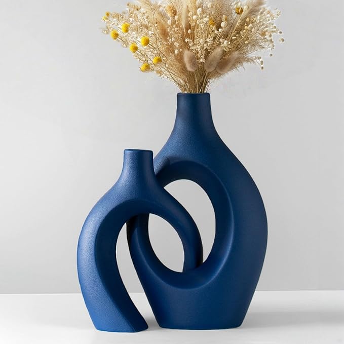 Liotww Snuggle Hollow Ceramic Vase Set of 2, 11 inch Hug Donut Modern Nordic Boho Style Vases for Home Decor Anthropologie Aesthetic Living Room Shelf Entryway Table Decorative (Navy Blue)
