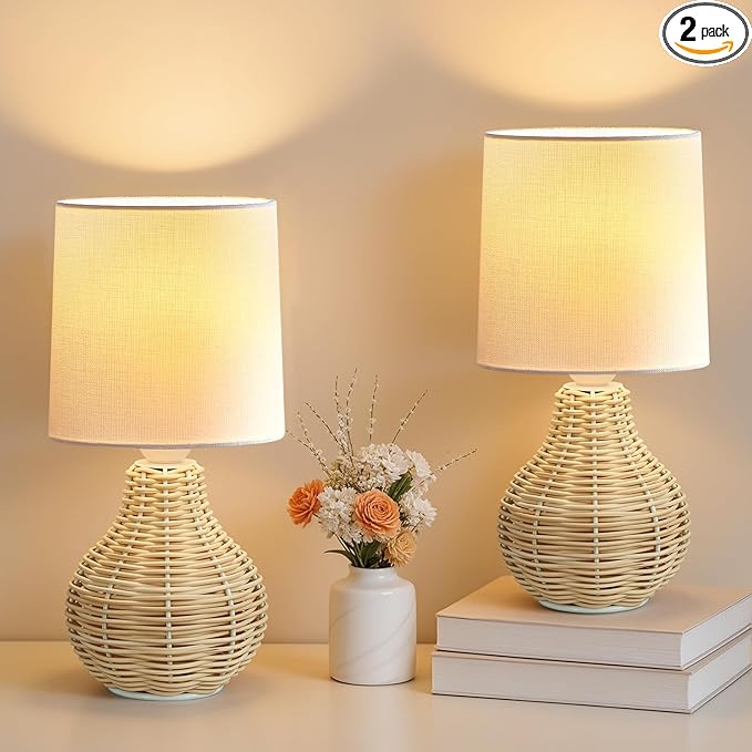 Rattan Table Lamp Boho Lamps Set of 2-12.5" Mini Farmhouse Wicker Light Rustic End Table Decorative Small Lamps for Small Spaces Bedroom Nightstand Living Room Reading Desk Side Table Lamp