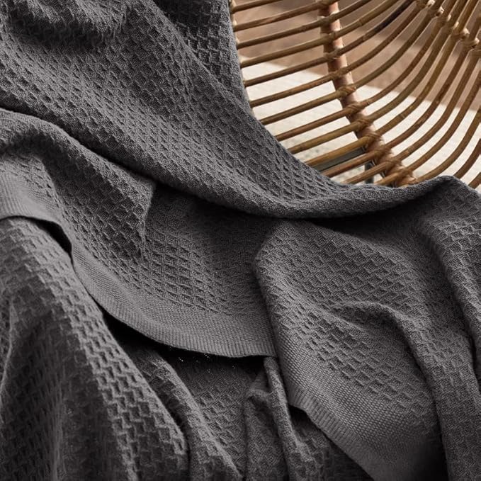 Bedsure Gentlesoft 100% Cotton Blanket Twin XL Size for College Dorm - Cooling Breathable and Soft for Spring Summer, Waffle Weave Twin Blanket for Bed, Dorm Room Essentials, Dark Grey, 66x90 inches