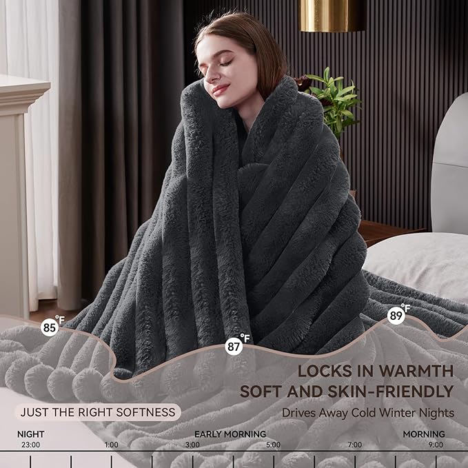Fluffy Faux Fur Throw Blanket, Thick 1000GSM Soft Cozy Throw Blankets for Bed, Luxury Plush Striped Warm Fuzzy Blanket for Couch LivingRoom Home Decor & Gifts(50" x 70",Dark Grey)