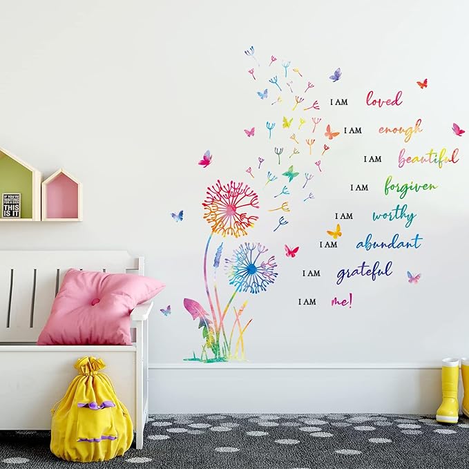 HLNIUC Dandelion Inspirational Saying Wall Sticker 75PCS Butterfly Positive Affirmation Wall Decal Flora Motivational Quotes Peel and Stick Wall Stickers Flower Inspiring Wall Decals for Girl Bedroom