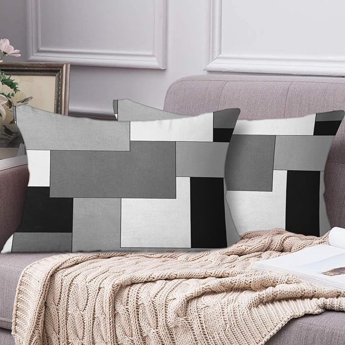 Emvency Set of 2 Grey Geometric Throw Pillow Cover Black Gray White Painting Abstract Checkered Design Decorative Pillow Case Modern Home Decor Standard Square 12x20 Inch Cushion Pillowcase