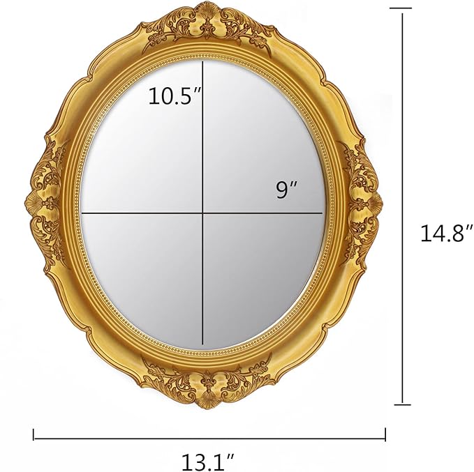 Eaoundm 13.1 x 14.8 inchs Decorative Wall Mirror,Vintage Hanging Mirrors for Bedroom Living-Room Dresser Decor Oval (Gold 2 Pcs)