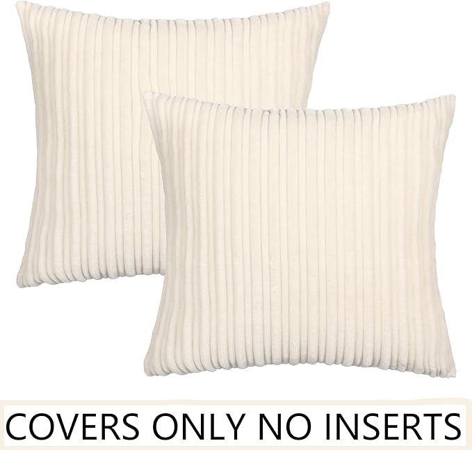 UGS UGASA Striped Corduroy Pillow Covers Velvet Decor Cushion Covers Pillowcases for Sofa/Couch/Bedroom, 2 Packs, 20 x20 Inch(50x50cm), Cream