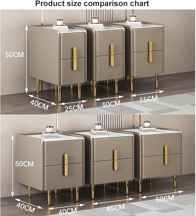 Modern Pu Leather Nightstand with Marble Tabletop, Narrow Bedside Table Luxury Side End Table with 2 Drawers & Metal Legs, Storage Cabinet for Bedrooms(40x40x50cm(16x16x20inch), Green)