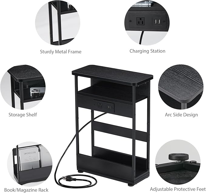 Narrow Side Table with Charging Station, 3-Tier End Table with 2 USB Ports & Power Outlets,Thin Sofa Side Table for Narrow and Small Spaces, Bedside Table Nightstand for Living Room,Black