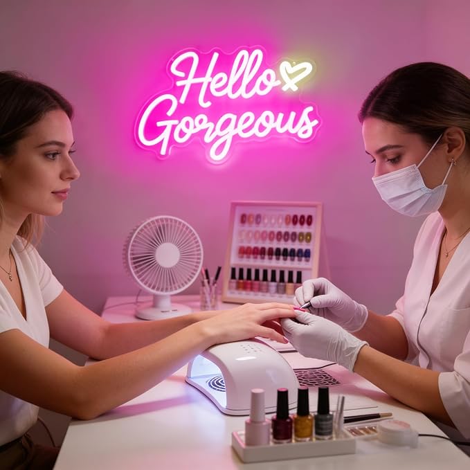 Hello Gorgeous Neon Signs for Wall Decor, Hello Beautiful Pink LED Neon Lights Sign with Dimmable Switch for Girls Bedroom, Makeup Room Decor, Wedding, Birthday Party (Pink)