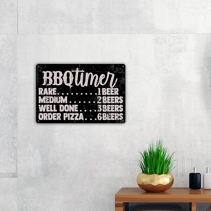 QIONGQI Funny BBQ Timer Quote Metal Tin Sign Wall Decor Retro BBQ Signs with Sayings for Home Kitchen Restaurant Caf?Decor Gifts