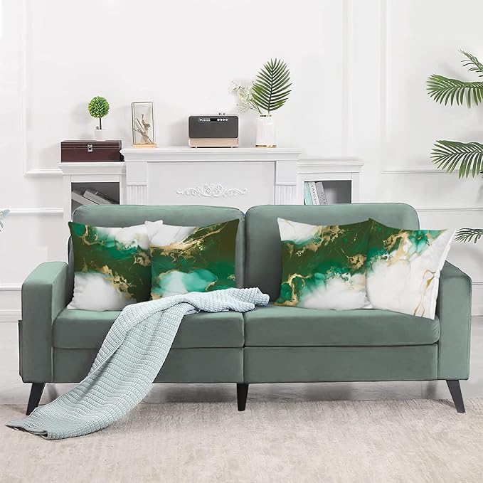 Bonhause Emerald Green Marble Throw Pillow Covers 18 x 18 Inch Both Sides Green and Gold Modern Abstract Decorative Pillows Soft Velvet Cushion Cases for Couch Sofa Bed Home Decor Set of 4