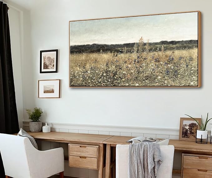 DJSYLIFE Extra Large Framed Canvas Wall Art Oversized Vintage Wildflower Field Landscape Painting Prints Classical Flowers Pictures for Farmhouse Living Room Bedroom Wall Decor 29.52 x 57.87 Inch