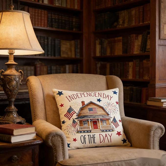 Independence Day 2pcs Throw Pillow Covers, Patriotic 4th of July American Flag House Fireworks Stars Design, Red White and Blue Cushion Cases，18x18 Pillows Linen Pillowcase