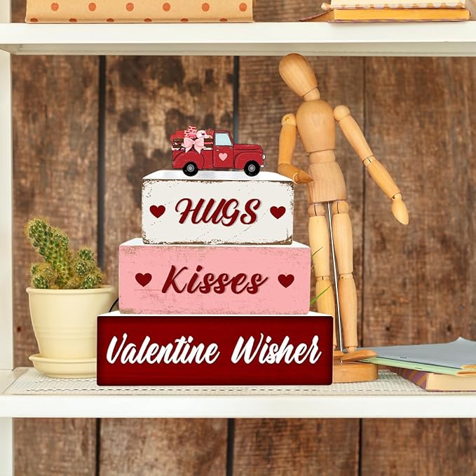 4 Pcs Valentine's Day Decorations Reversible St. Patrick's Day Table Sign Centerpiece Wooden Truck Desk Decor Double Side Irish Tiered Tray Decor for Table Shelf Mantel Farmhouse Home Decor