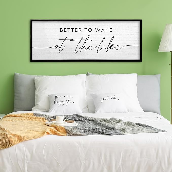 TQianJiang Lake House Decor Better To Wake At The Lake Sign 32"×12" for Bedroom Above Over Bed Large Country Home Cabin Farmhouse Rustic Quote Wood Framed Wall Hanging Art (Black)