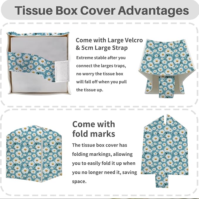 Tissue Box Cover, Tissue Box Holder, Square with Belt Bottom, PU Leather Decorative Organizer for Desk, Tabletop, Countertop Bathroom, Toilet Car, Bedside, Dresser Kitchen, Aesthetic Blue Flower Decor