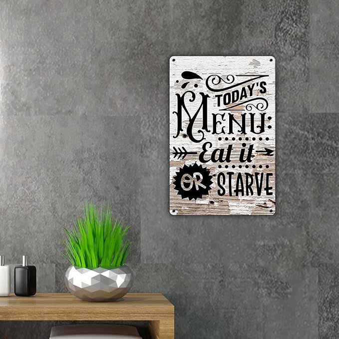 QIONGQI Funny Kitchen Quote Metal Tin Sign Wall Decor Farmhouse Rustic Today's Menu Eat It Or Starve Sign for Home Kitchen Decor Gifts