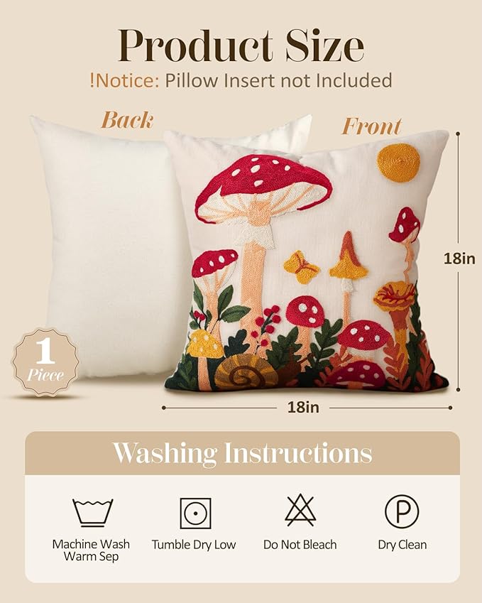 Embroidered Throw Pillow Cover 18x18 Inch - Spring Summer Boho Decorative Pillow Cover with Zipper for Living Room Couch Sofa Bed Aesthetic Design Mushroom Moon Cushion Pillowcase