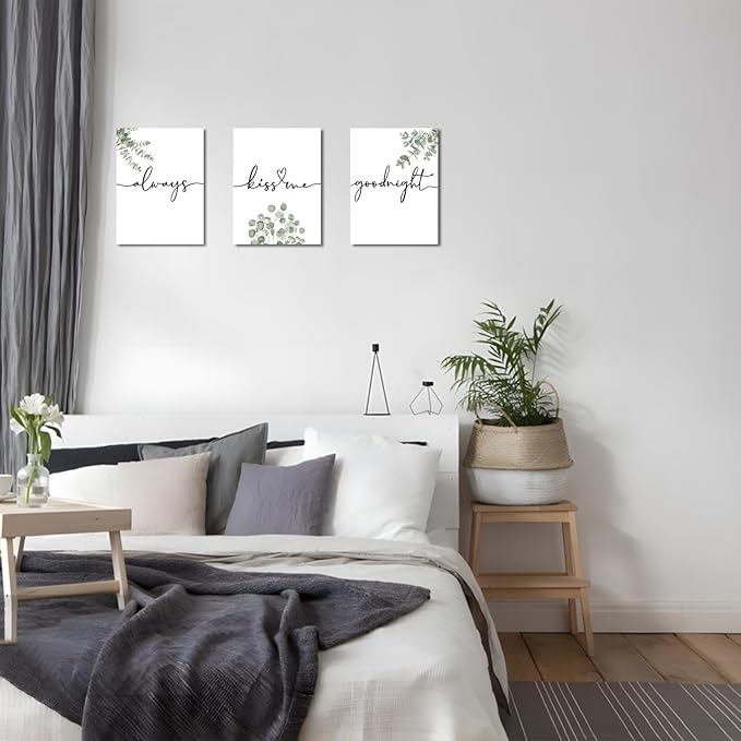 1 KINGO Always Kiss Me Goodnight Bedroom Wall Art: Set of 3 Boho Botanical Wall Decor Canvas Prints 12"x16", Sage Green Eucalyptus Pictures Decor Over The Bed for Farmhouse Master Bedroom