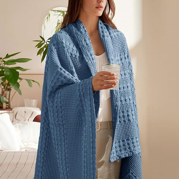 PHF 100% Cotton Waffle Weave Throw Blanket, Soft Lightweight Breathable Cozy Throws for Couch Bed Sofa, Luxury Aesthetic Blanket Gift for Home Decor & Office, 50"x60", Denim Blue