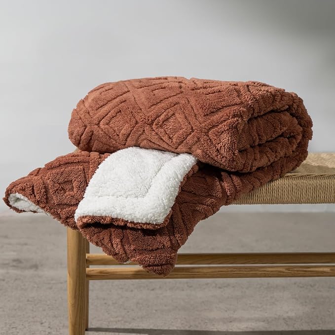 EverGrace Jacquard Boho Sherpa Fleece Throw Blanket for Couch, Super Soft Cozy Fuzzy Plush Blankets for All Seasons, Reversible Thick Warm Blanket for Bed, Sofa, Living Room, Terracotta, 50" x 60"