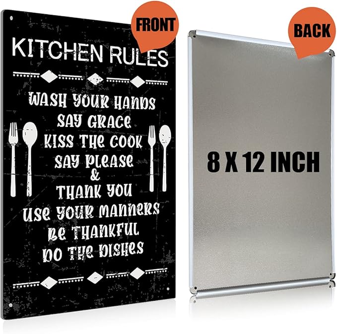Funny Kitchen Rules Metal Tin Sign Wall Art Decor Vintage Sign for Home Caf?Bar Decor Gifts - Black