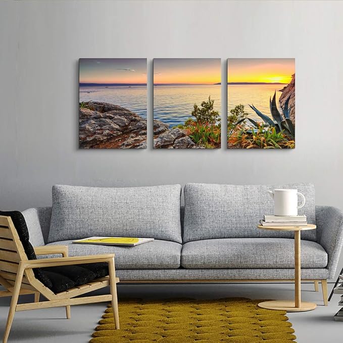 TTHYUEWS Wall Art For Living room beach sunset landscape Wall Decor for artwork Painting 16" x 24" 3 Pieces Canvas Prints For bedroom Decor Modern Salon kitchen office wall Painting Home decorations