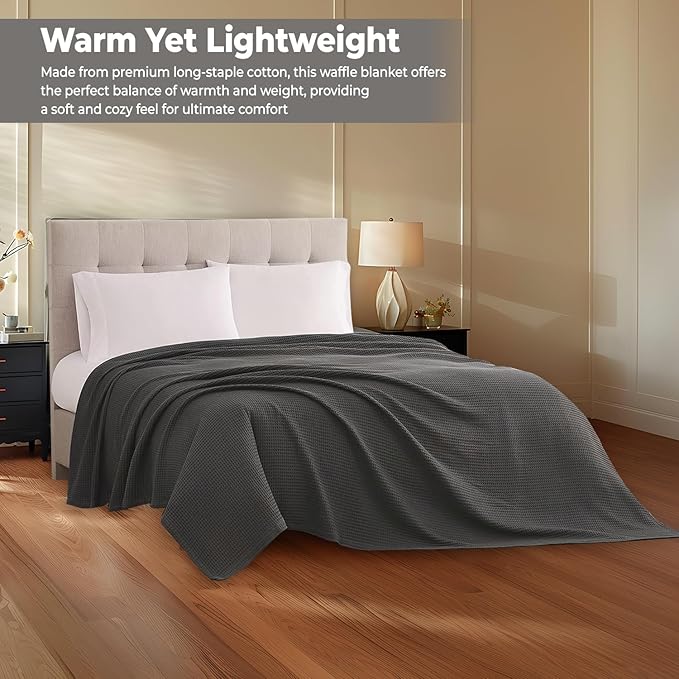 100% Cotton Blankets for Bed - Waffle Weave Blankets for Summer, Lightweight and Breathable Soft Woven Blanket for Spring (Dark Grey, King (90" x 108"))