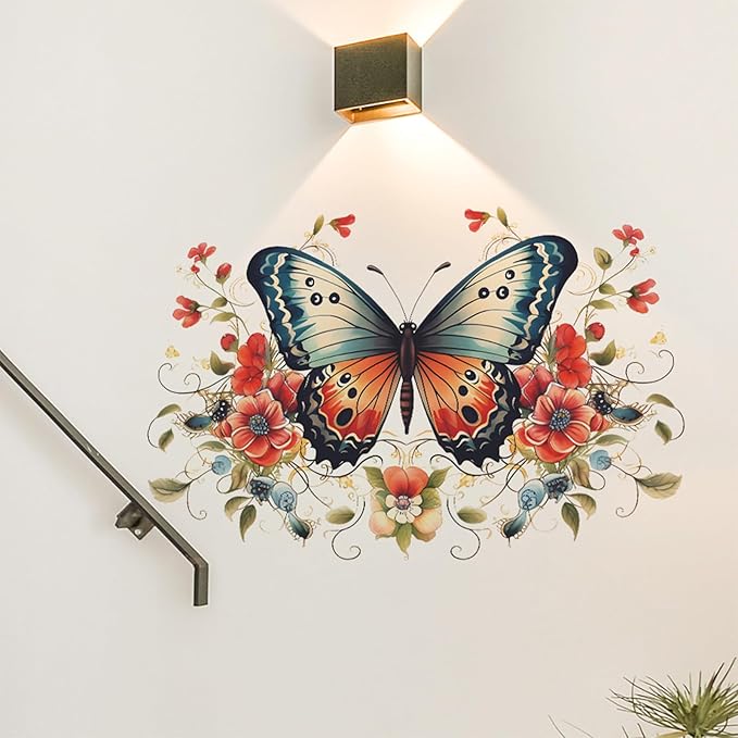 TUOKING Butterfly Red Flowers Wall Stickers Removable Wall Murals Peel and Stick Wall Art Decal Home Decor for Kitchen,Bedroom,Living Room(fun-e34)
