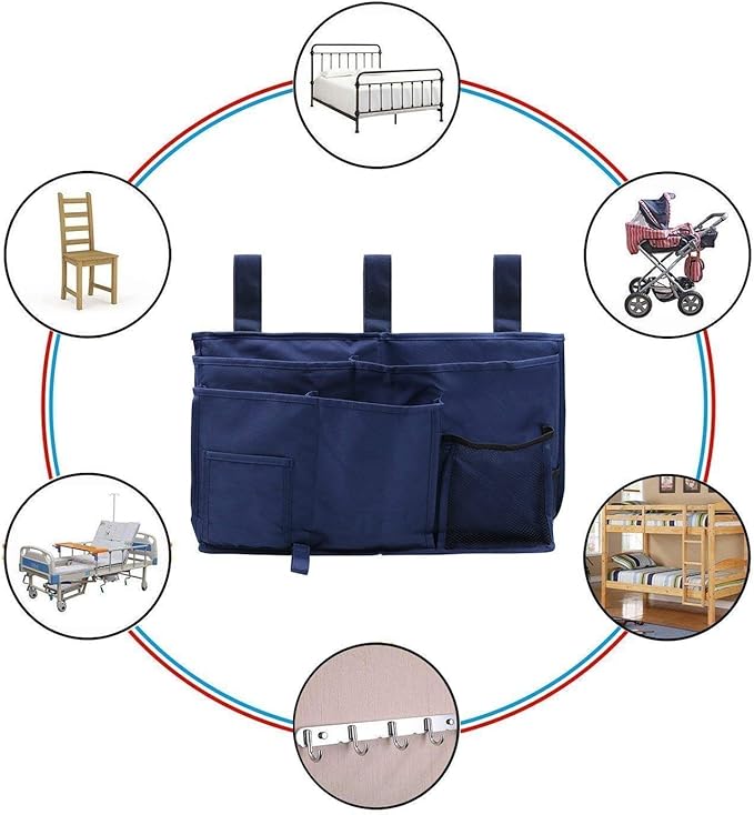 Bedside Caddy Improved With 3 POM Buckles -Hanging Organizer For Phone, Magazine, Accessory&Remote -Best For Dorm Room, Bunk Bed, Hospital Bed, Bed Rail, Headboard, Apartment, Bathroom&Travel