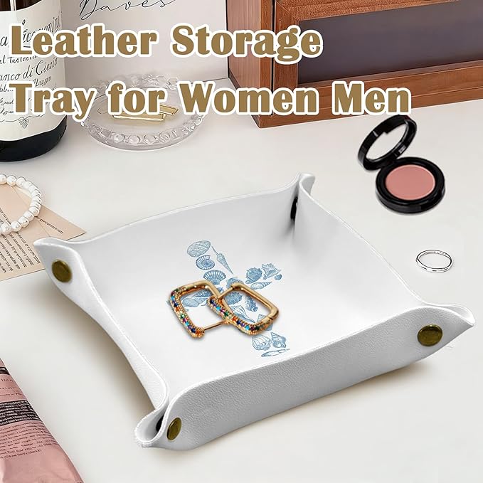 Christian Gifts Jewelry Valet Tray for Women, Coastal Beach Seashell Cross Bible Verse PU Leather Catchall Beside Caddy Nightstand Organizer Tray for Jewelry Rings Watches Keys, 7.87x7.87in