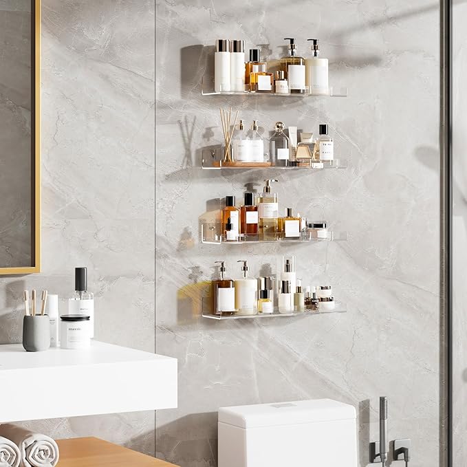 4 Pack Floating Shelves for Wall, 15" Clear Book Shelf, Acrylic Floating Wall Shelf, Display Shelves Organizer for Bathroom, Classroom, Bedroom, Living Room, Kitchen, Room Decor