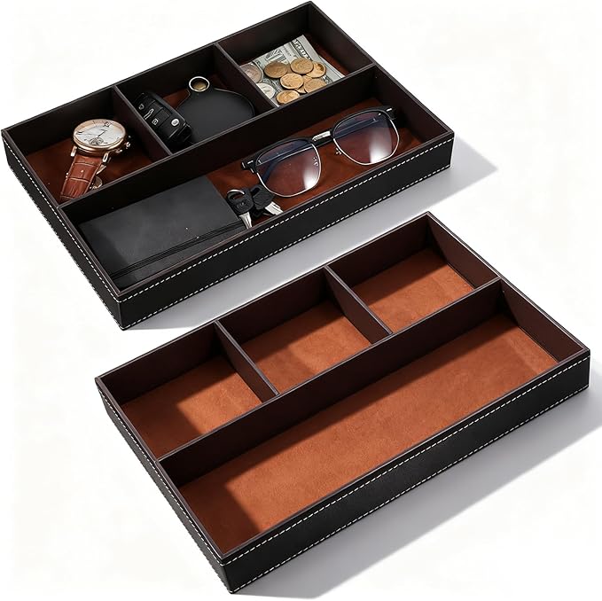 2 Pieces Faux Leather Valet Tray for Men, Stackable Jewelry Trays for Drawers, Mens Dresser Top Organizer for Key, Wallet, Sunglass, Watch, Coin, Phone, Nightstand Bedside Tray Brown