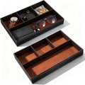 2 Pieces Faux Leather Valet Tray for Men, Stackable Jewelry Trays for Drawers, Mens Dresser Top Organizer for Key, Wallet, Sunglass, Watch, Coin, Phone, Nightstand Bedside Tray Brown
