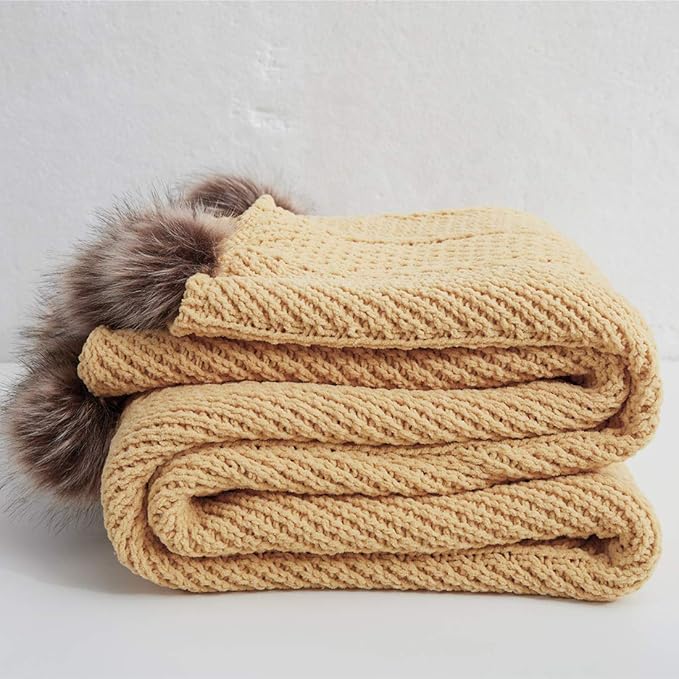 vctops Fur Pom Pom Knit Throw Blanket Super Soft Warm Cozy Cable Knitted Blanket for Sofa and Couch 51 x 63 Inch Mustard Yellow