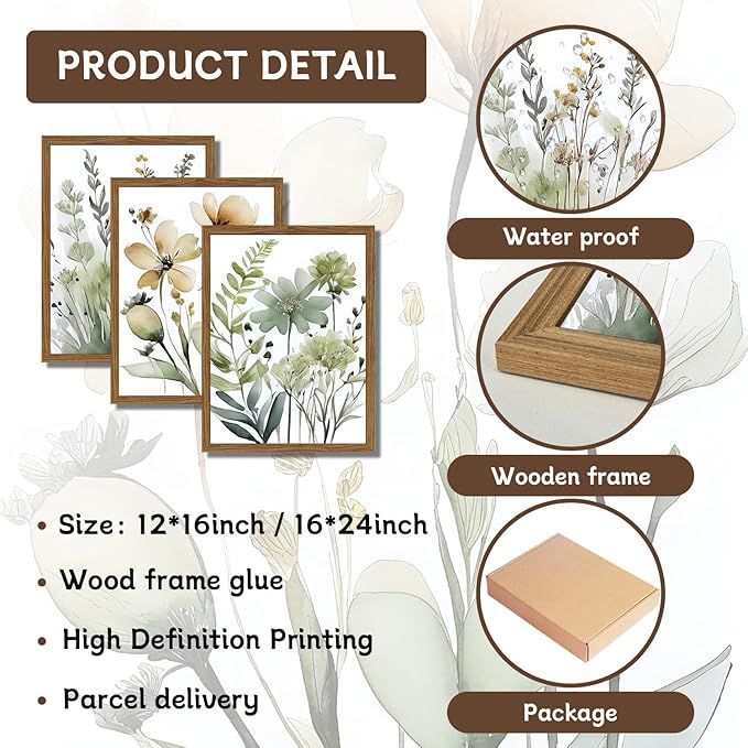 Wood Framed Sage Green Botanical Wall Art Set of 3, Boho Floral Canvas Wall Decor Paintings, Minimalist Flower Posters Prints Pictures for Bedroom Bathroom Living Room Home Decor 12x16 Inch