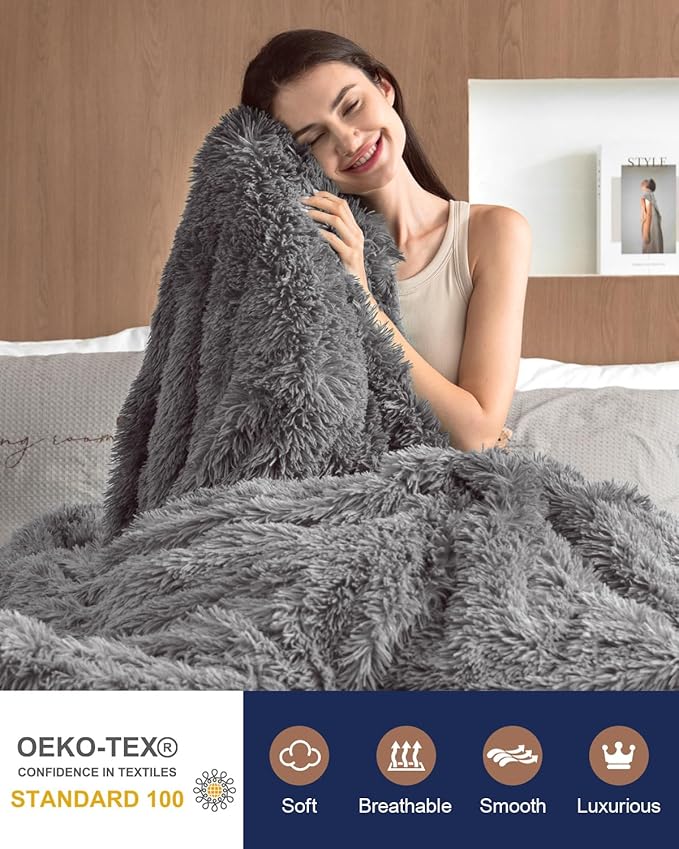 Pawque King Size Blanket - Faux Fur Sherpa Fleece Super Soft Fluffy Throw Blankets, Luxury Oversized Blankets Gift for Women Sofa Couch Bed, Breathable & Washable, Grey 90x108 inches