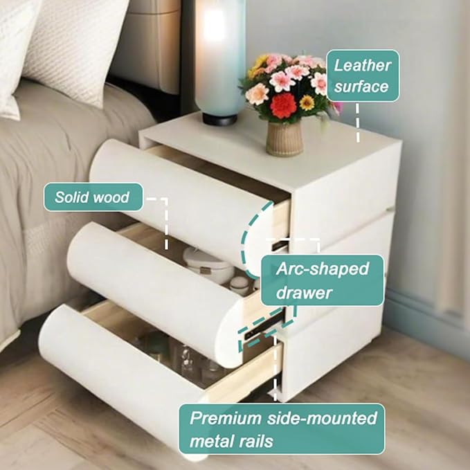 Modern Nightstand with Storage, Small End Table with Upholstered Leather Finish, 3 Solid Wood Drawers for Bedroom Bedside and Living Room