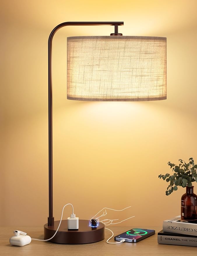 Innqoo Gray Tall Table Lamp with USB Port and Outlet, Dimmable Nightstand Bedside Lamps with Linen Lampshade, Desk Lamp for Bedroom, Living Room, Guest Room, Home Office, LED Bulb Included