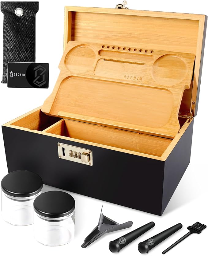 OZCHIN Large Bamboo Box with Combination Lock Decorative box for Home Great Gift Choice Storage Lockbox with Storage Jar, Gifts for Men Women (Black, 12 x 7.6 x 5.1)