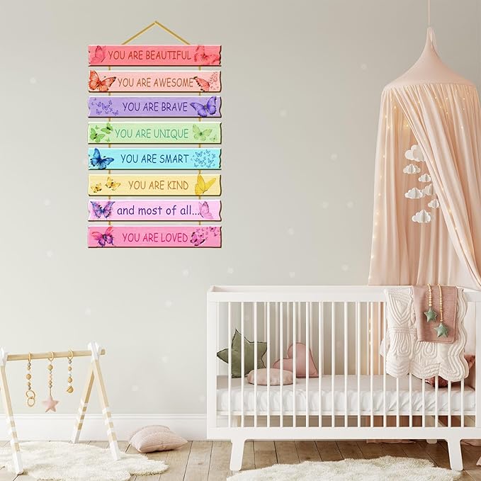 Rutiyoka Butterfly Room Decor for Girls Bedroom Wall Rainbow Inspirational Art Kids Wood Decorations Little Girl Nursery Toddler Sign