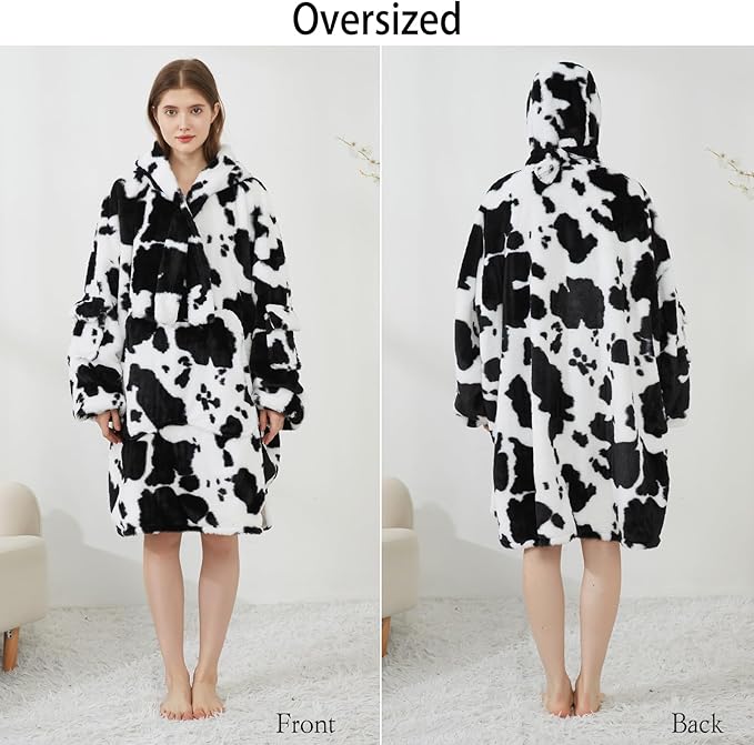 Softan Blanket Hoodie, Oversized Fleece Wearable Blankets for Women and Men Gifts, Cozy Warm and Soft Sweatshirt Blanket with Large Pocket, Cow Print